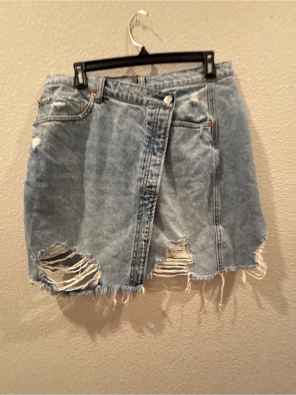 We The Free Light Blue Distressed Denim Mini Skirt